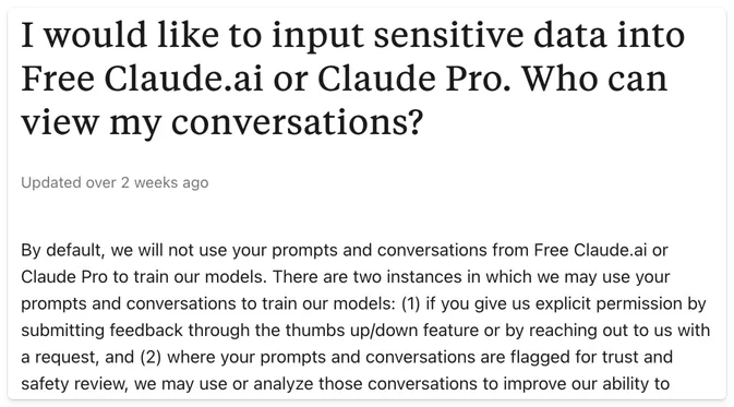 Anthropic support page stating that prompts and conversations from Free Claude.ai and Claude Pro are not used to train models by default.