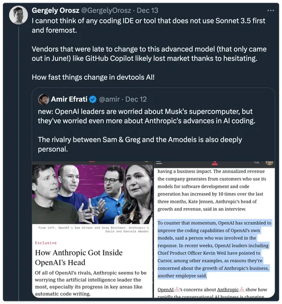 A post on X by Gergely Orosz discussing the widespread adoption of Anthropic’s Sonnet 3.5 in coding tools and quoting a report about the competitive rivalry between OpenAI and Anthropic.