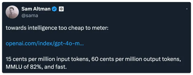 Post from Sam Altman on X announcing GPT-4o-mini pricing of 15 cents per million input tokens and 60 cents per million output tokens.