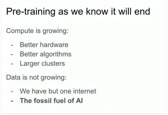 Presentation slide stating that pre-training will end because compute is growing while data, the fossil fuel of AI, is not.