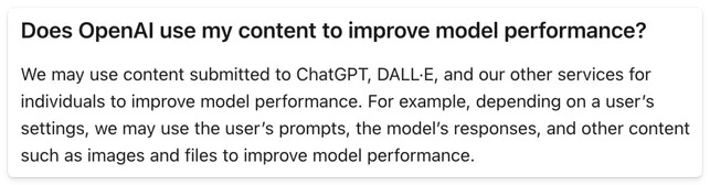 OpenAI FAQ text stating that content submitted to ChatGPT, DALL-E, and other services may be used to improve model performance.
